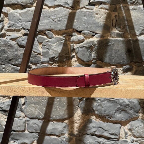 Gucci GG Burgundy Leather Crystal GG Buckle Belt - Picture 6 of 10